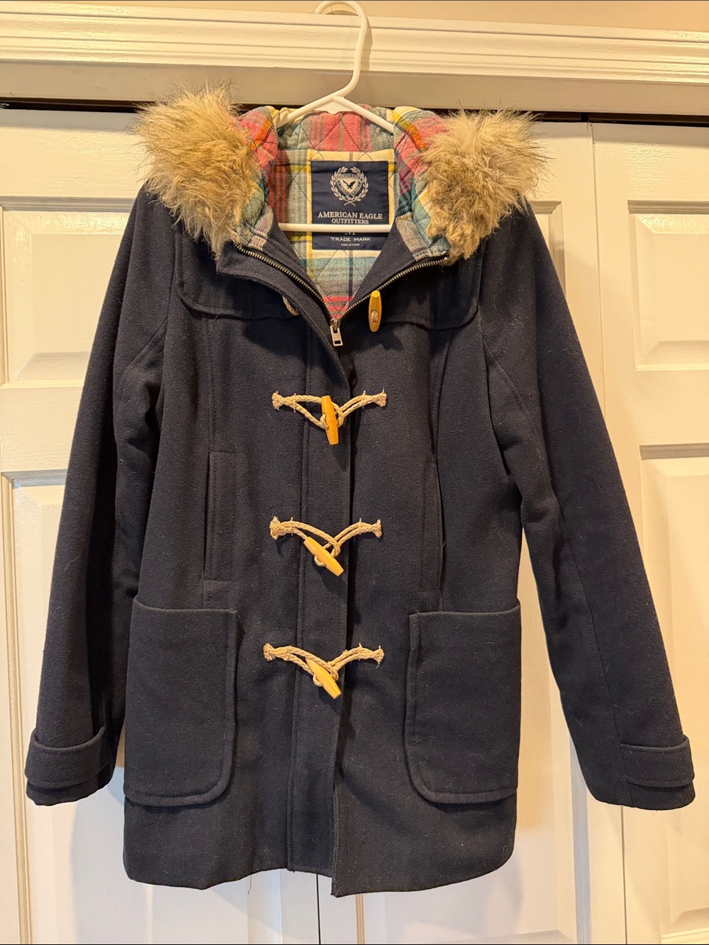 American Eagle Outfitters Navy Wool-Blend Toggle Pea Coat with Faux Fur Trim
